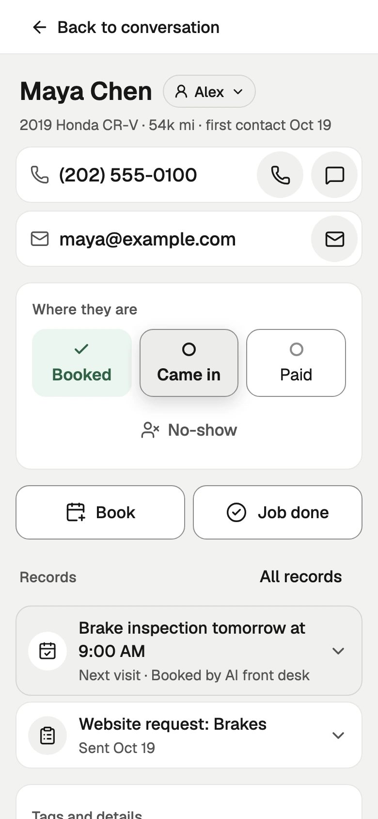 Maya Chen's card on a phone: call, text and email buttons, Where they are with Booked ticked, Book, Job done, and her records