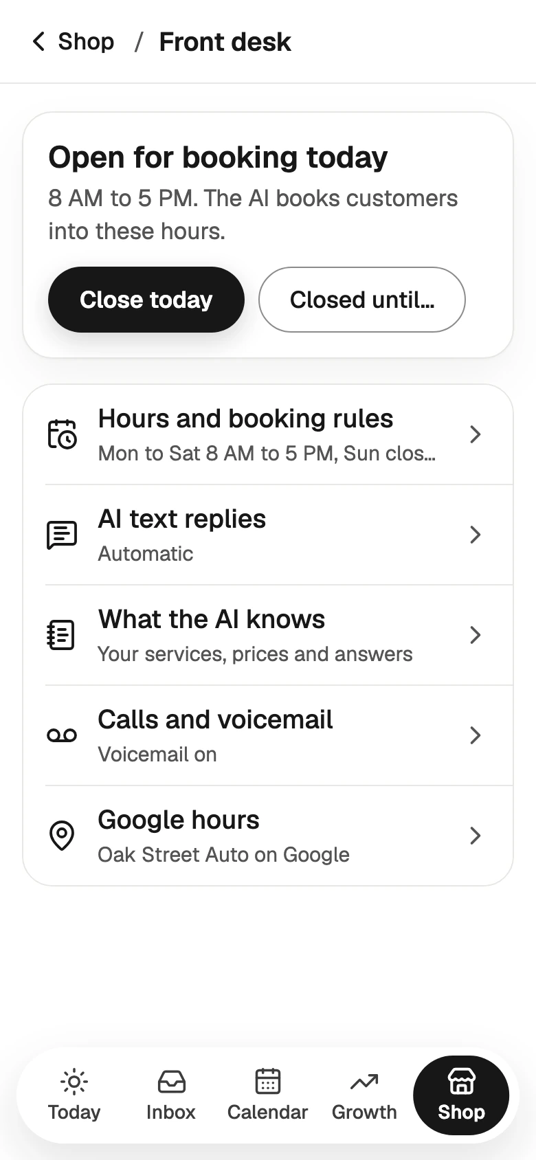 The Front desk screen on a phone: Open for booking today, with Close today and Closed until, then Hours and booking rules