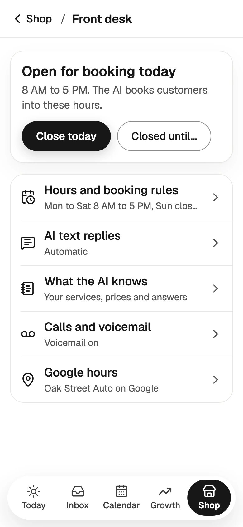 The Front desk screen on a phone: Open for booking today, with Close today and Closed until, then Hours and booking rules