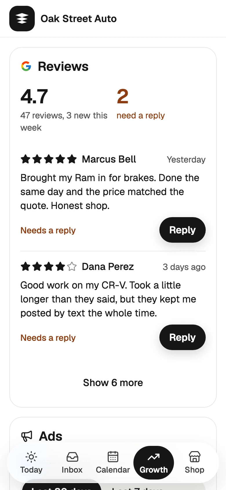 The Growth tab on a phone after connecting: the Google rating, how many reviews need a reply, and two reviews marked Needs a reply with a Reply button
