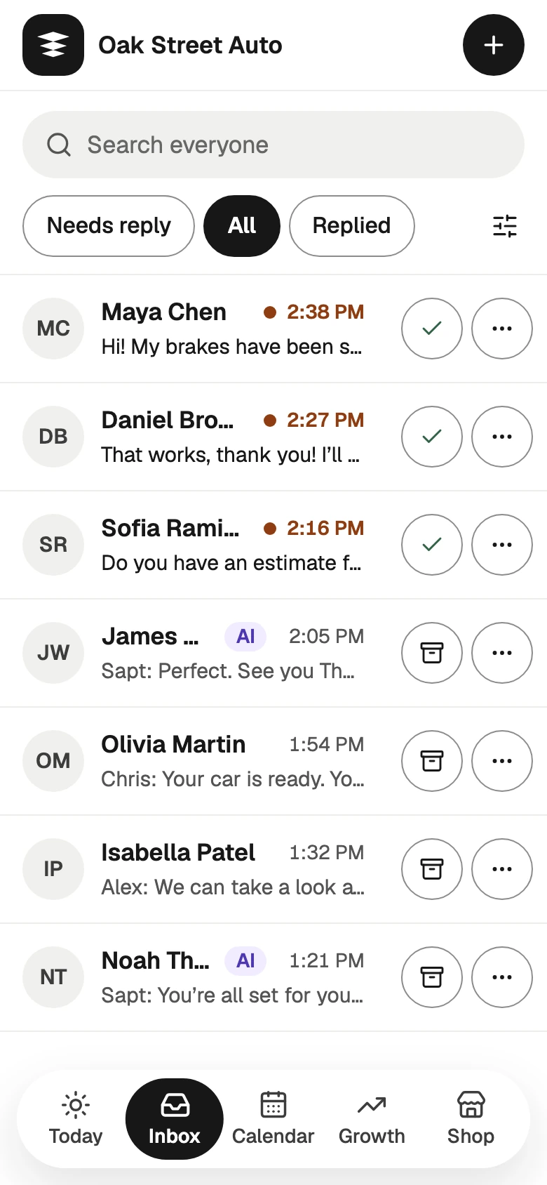 The Inbox tab on a phone with All picked, Needs reply and Replied beside it, and the filter button