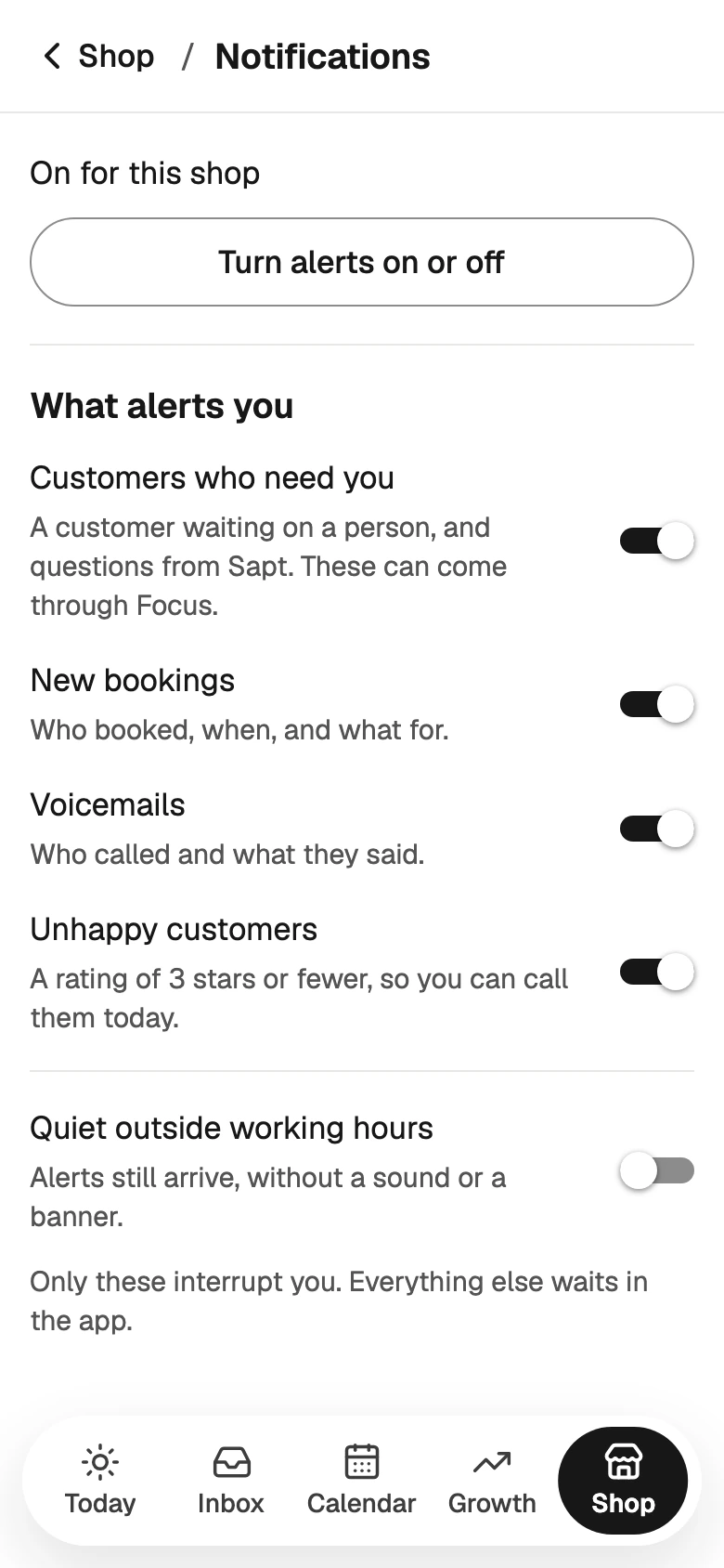 The Notifications screen on a phone, with What alerts you and Quiet outside working hours