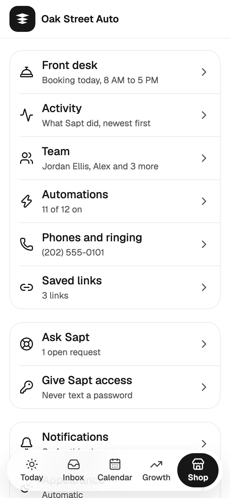 The Shop tab on a phone: Front desk, Activity, Team, Automations, Phones and ringing, Saved links, Ask Sapt and Give Sapt access