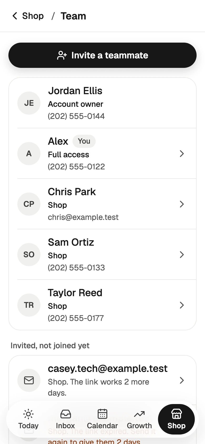 The Team screen on a phone: Invite a teammate, each person with their role, and Invited, not joined yet
