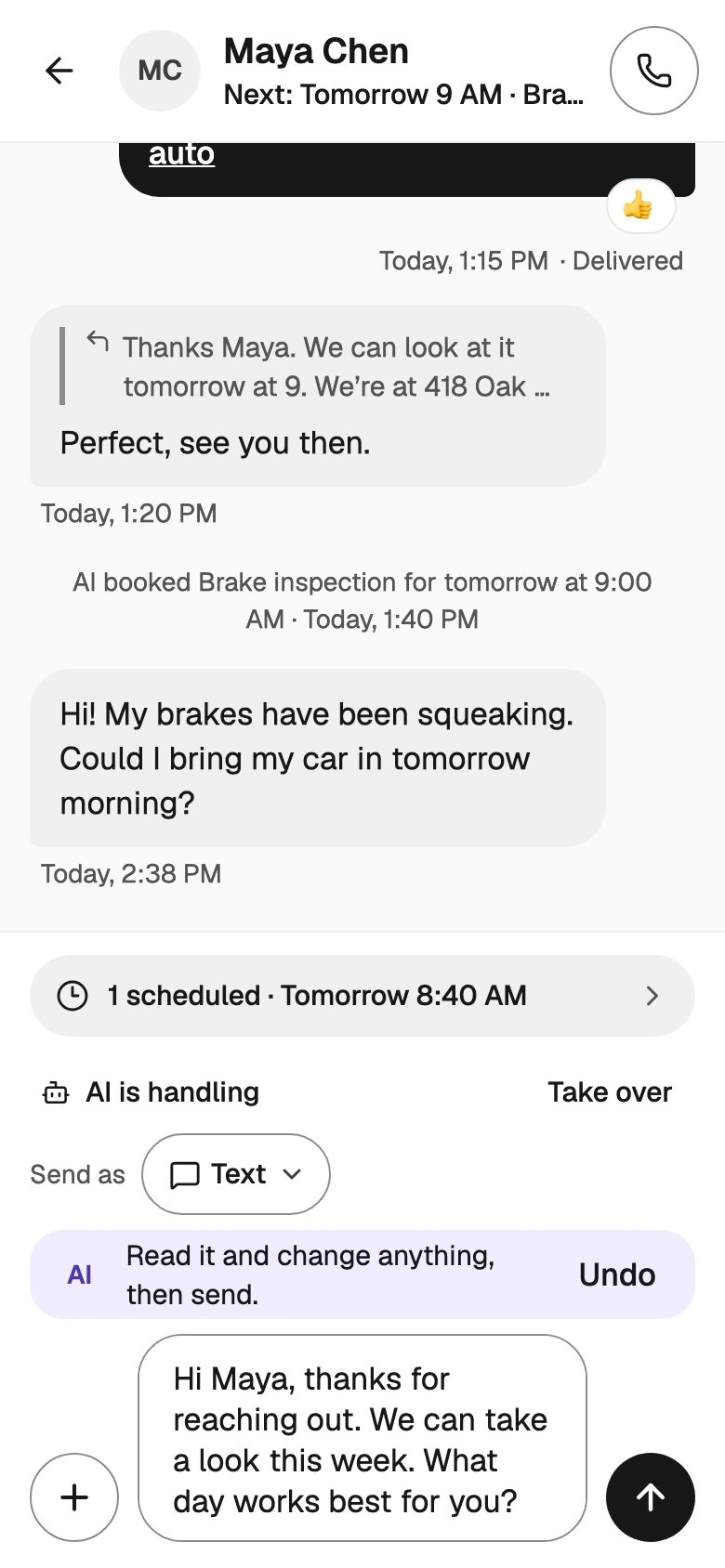 A reply the AI drafted in the message box, with Read it and change anything, then send, and Undo