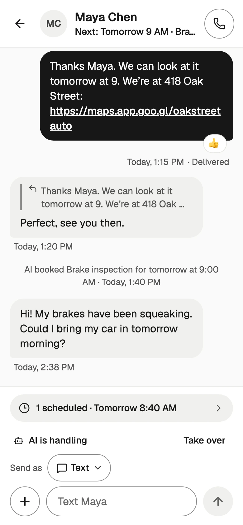 A conversation on a phone: AI is handling, Send as Text, and the message box with + beside it