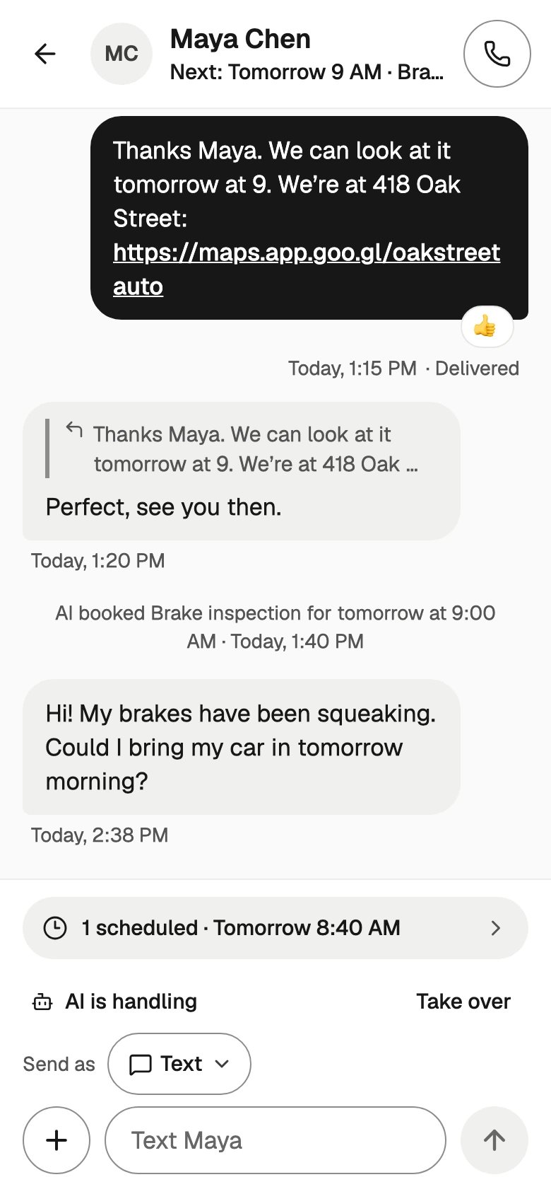 A conversation on a phone: AI is handling, Send as Text, and the message box with + beside it