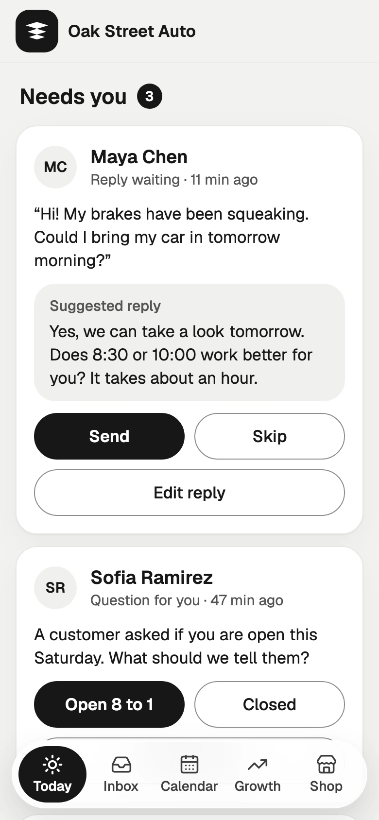 The Today tab, with customers who need you and a suggested reply ready to send