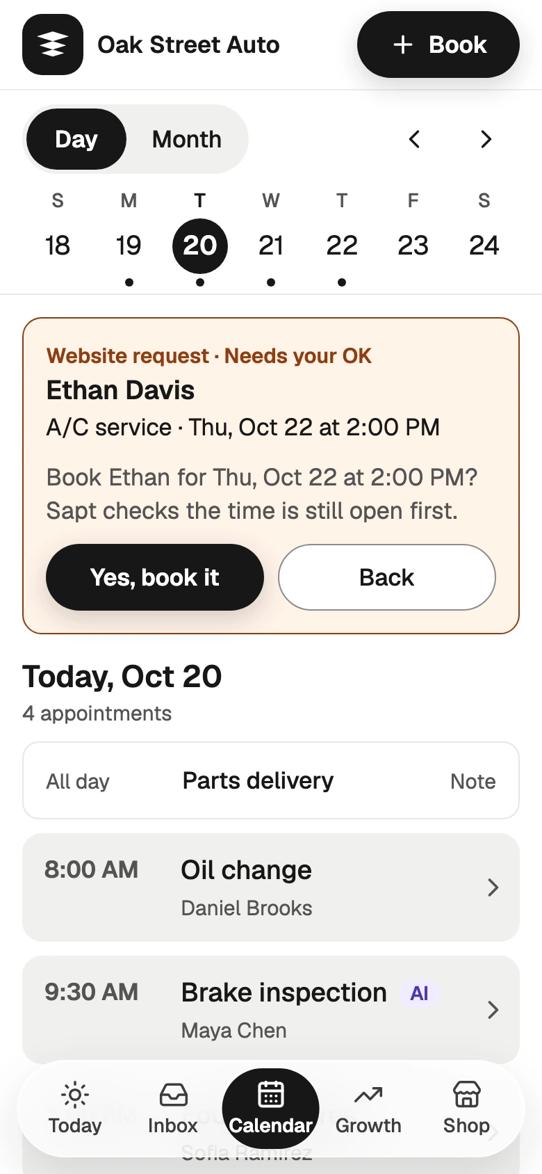 After Confirm: Book Ethan for Thu, Oct 22 at 2:00 PM?, with Yes, book it and Back