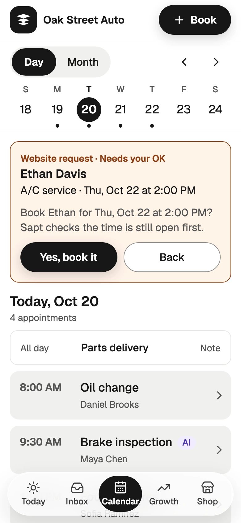 After Confirm: Book Ethan for Thu, Oct 22 at 2:00 PM?, with Yes, book it and Back