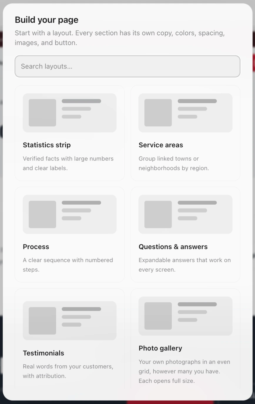 The Build your page box with Search layouts and the first layouts: Statistics strip, Service areas, Process, Questions & answers, Testimonials and Photo gallery