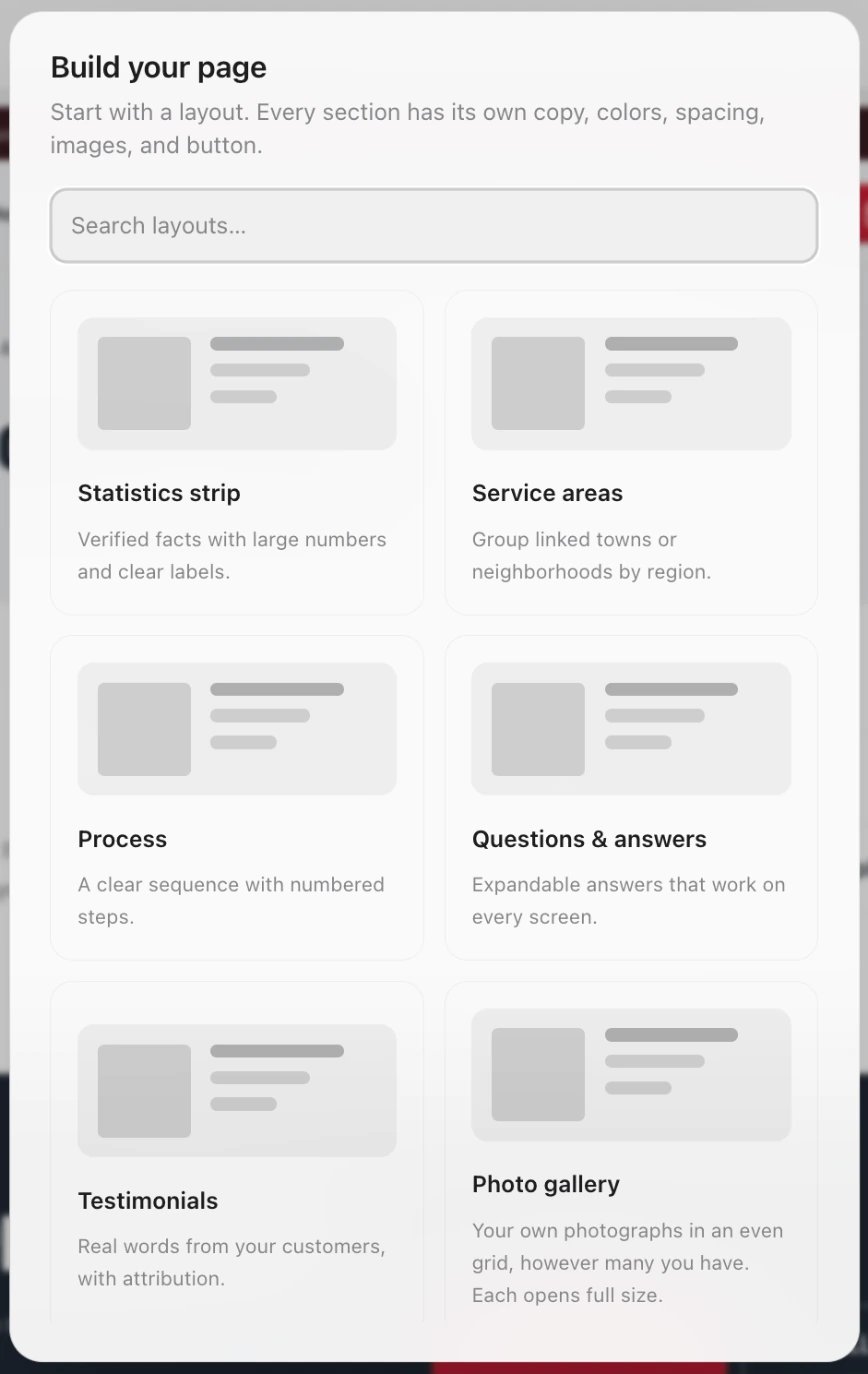 The Build your page box with Search layouts and the first layouts: Statistics strip, Service areas, Process, Questions & answers, Testimonials and Photo gallery