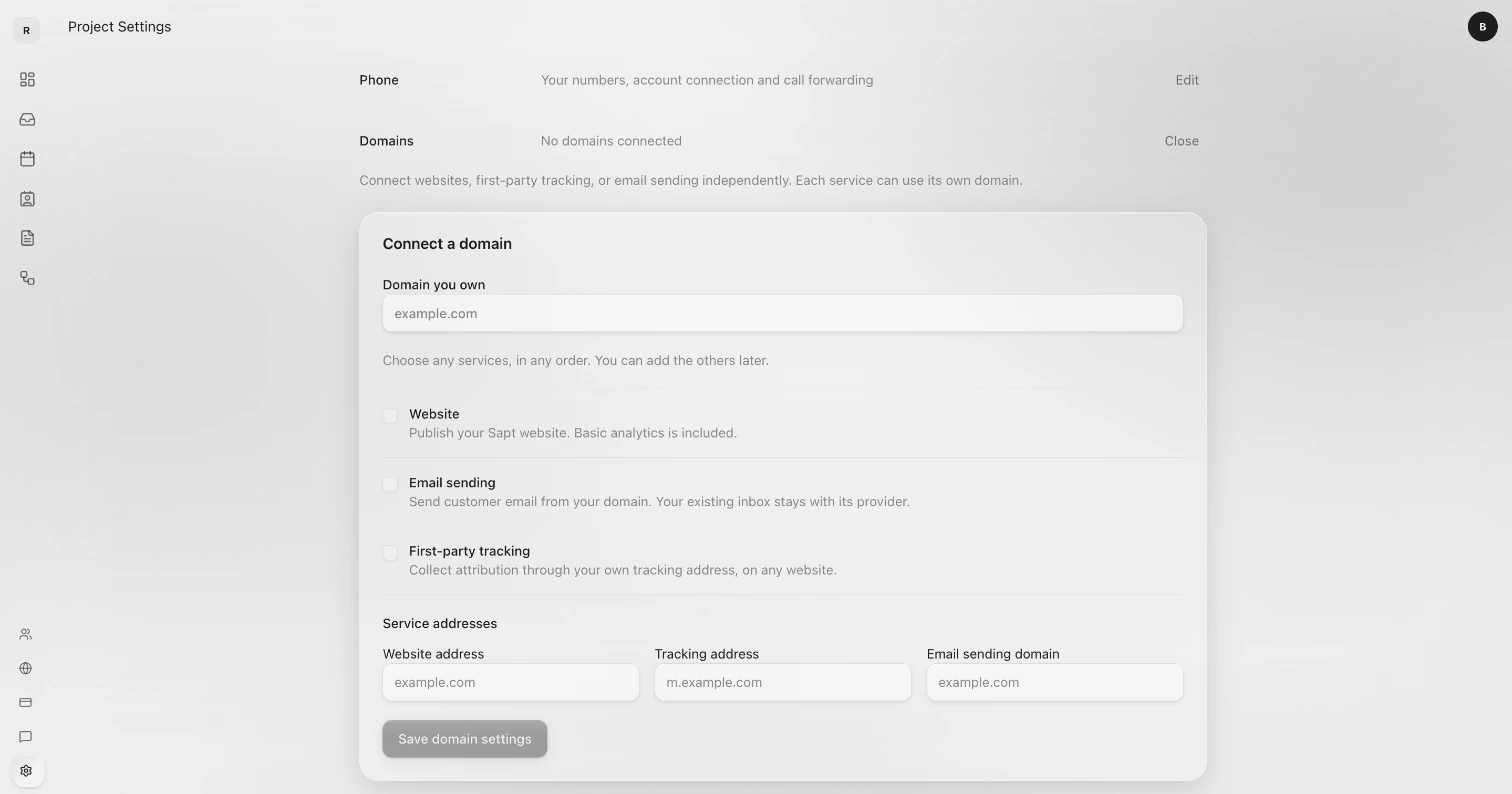 Domains in Project Settings with the empty Connect a domain card: Domain you own, Website, Email sending, First-party tracking and Save domain settings