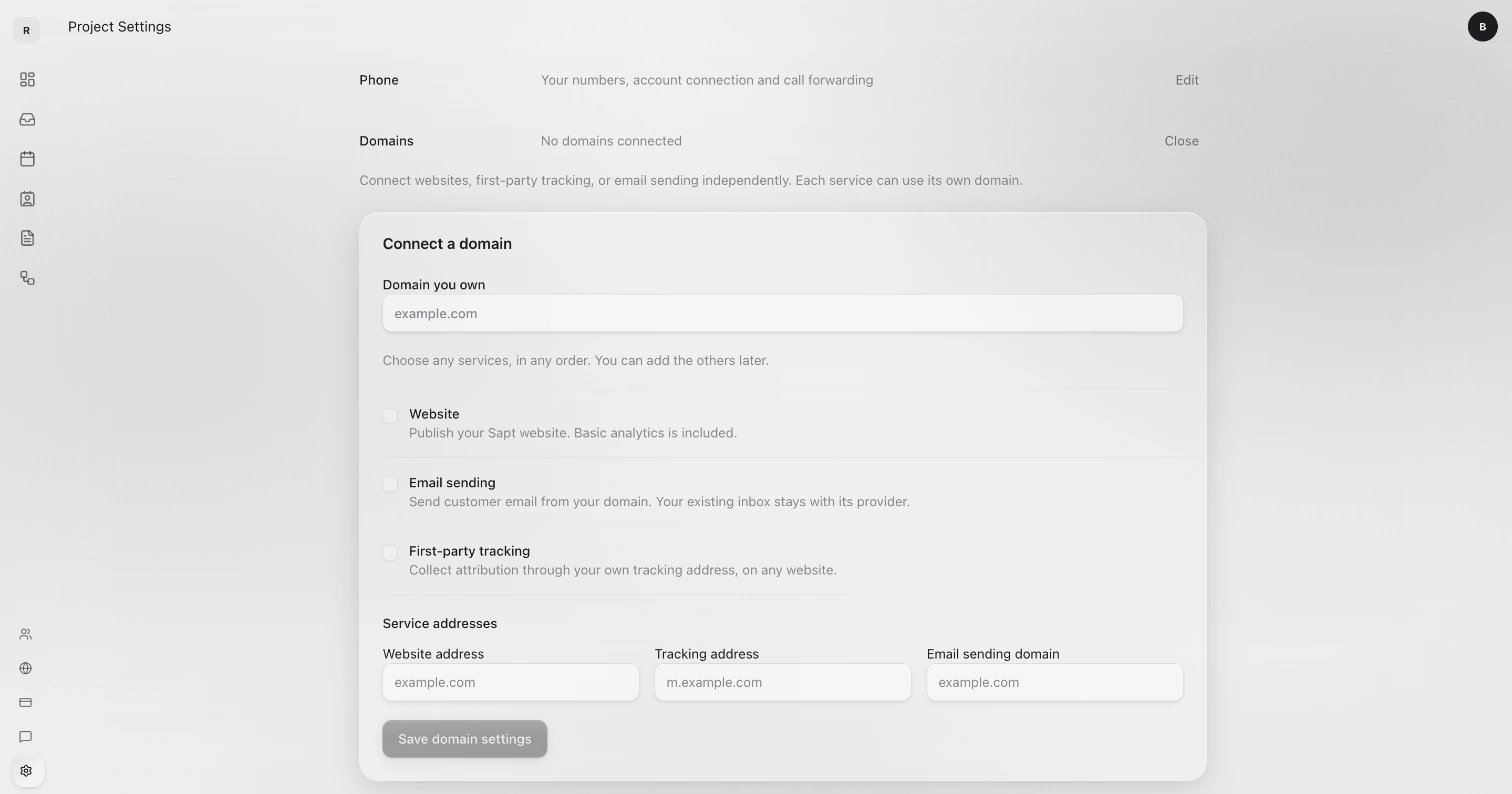 Domains in Project Settings with the empty Connect a domain card: Domain you own, Website, Email sending, First-party tracking and Save domain settings