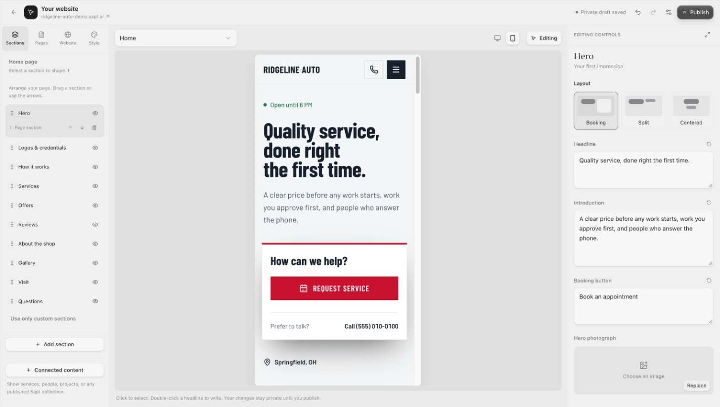 The editor on Mobile canvas, showing the home page as it looks on a phone