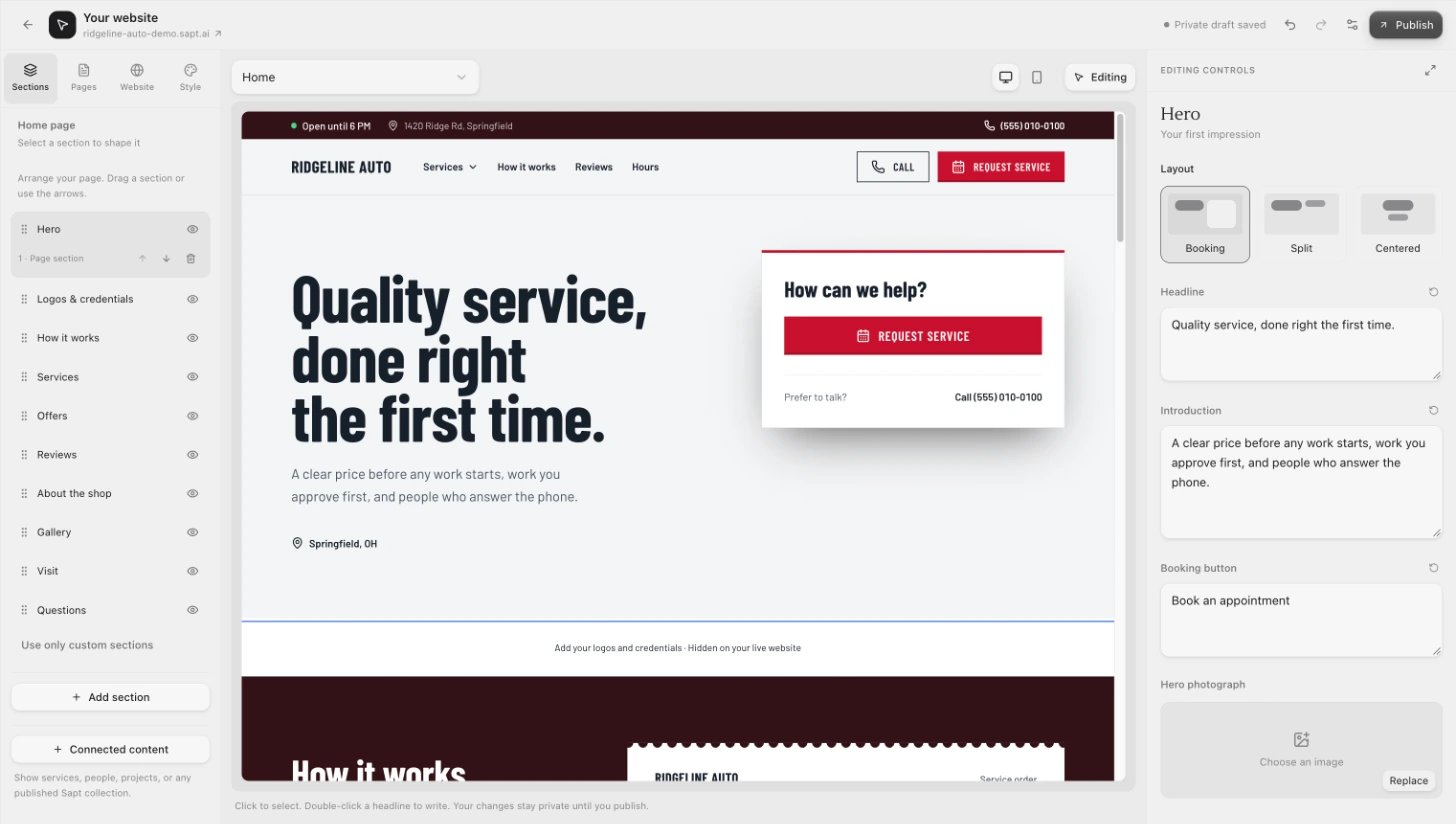 The website editor with the Hero section picked: the Sections tab on the left, the home page in the middle, and the Hero's editing controls on the right