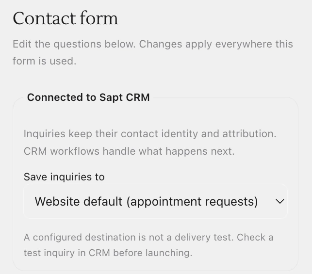 The Contact form's Connected to Sapt CRM box, with Save inquiries to set to Website default (appointment requests)