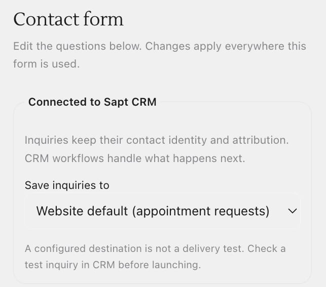 The Contact form's Connected to Sapt CRM box, with Save inquiries to set to Website default (appointment requests)