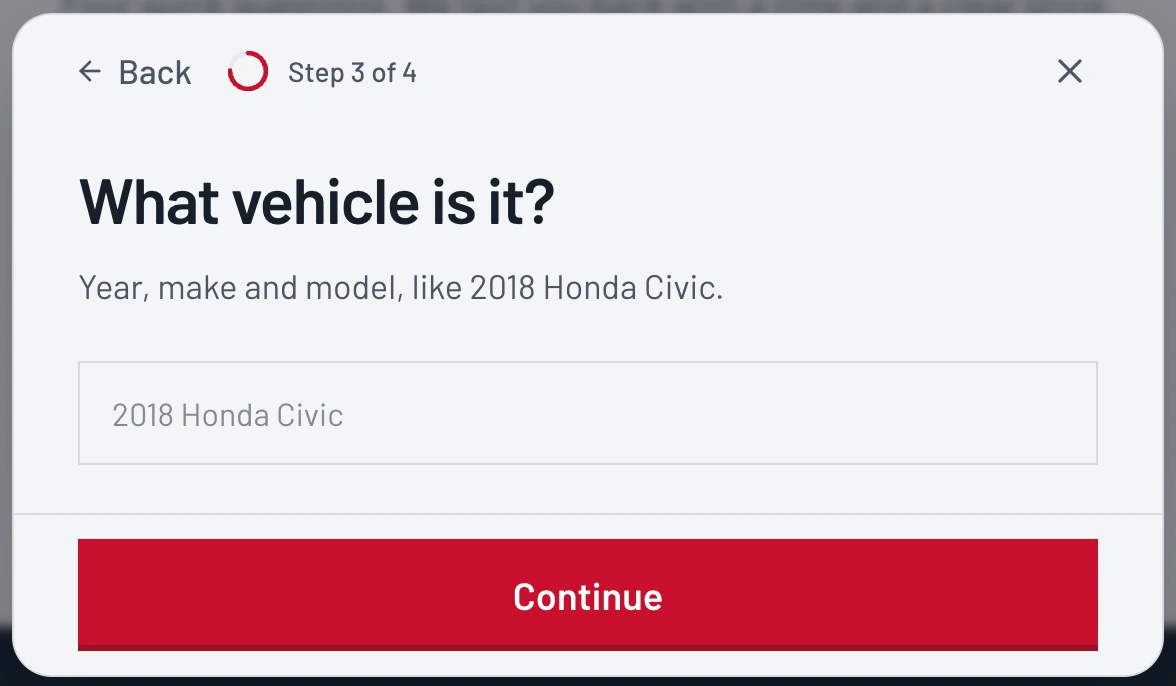 Step 3 of 4 on the live form: What vehicle is it?, its supporting text, a box showing 2018 Honda Civic, and Continue