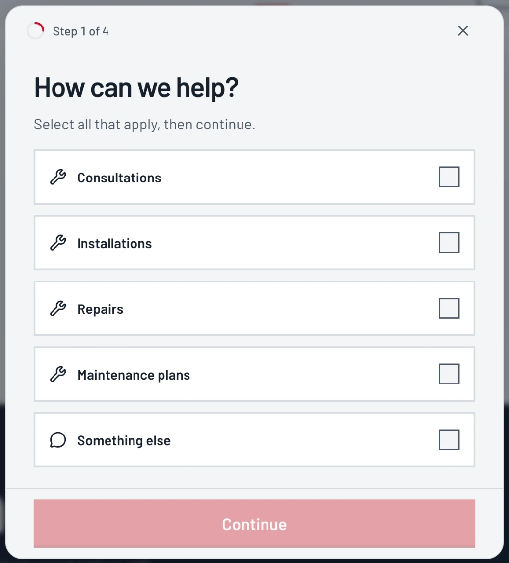 Step 1 of 4 on the live form: How can we help?, with the shop's services to tick and Continue