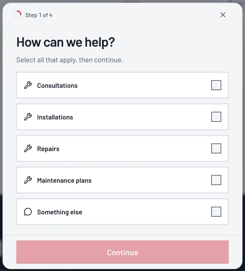 Step 1 of 4 on the live form: How can we help?, with the shop's services to tick and Continue