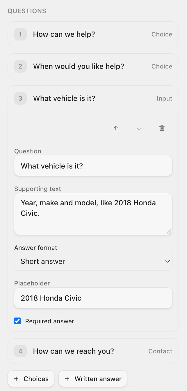 Four questions. What vehicle is it? is open with its Question, Supporting text, Answer format, Placeholder and Required answer. Choices and Written answer are below.