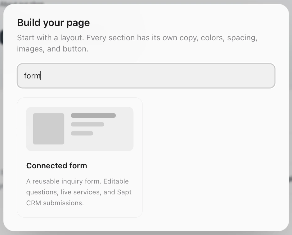 The Build your page box with form typed in the search, showing the Connected form layout