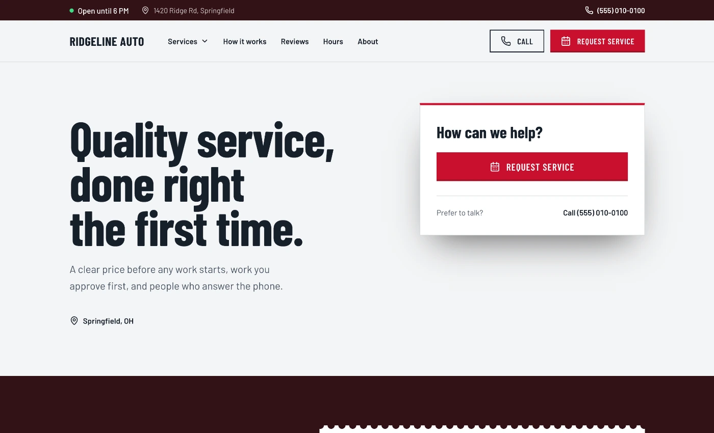 The published Ridgeline Auto home page on a computer, with Call and Request service buttons