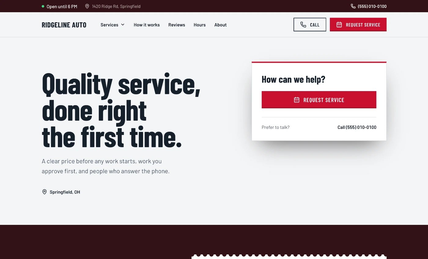 The published Ridgeline Auto home page on a computer, with Call and Request service buttons