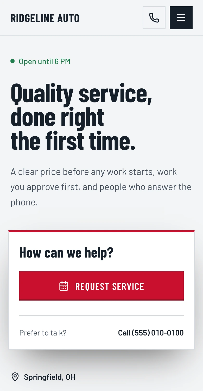 The published Ridgeline Auto home page on a phone, with the Request service button