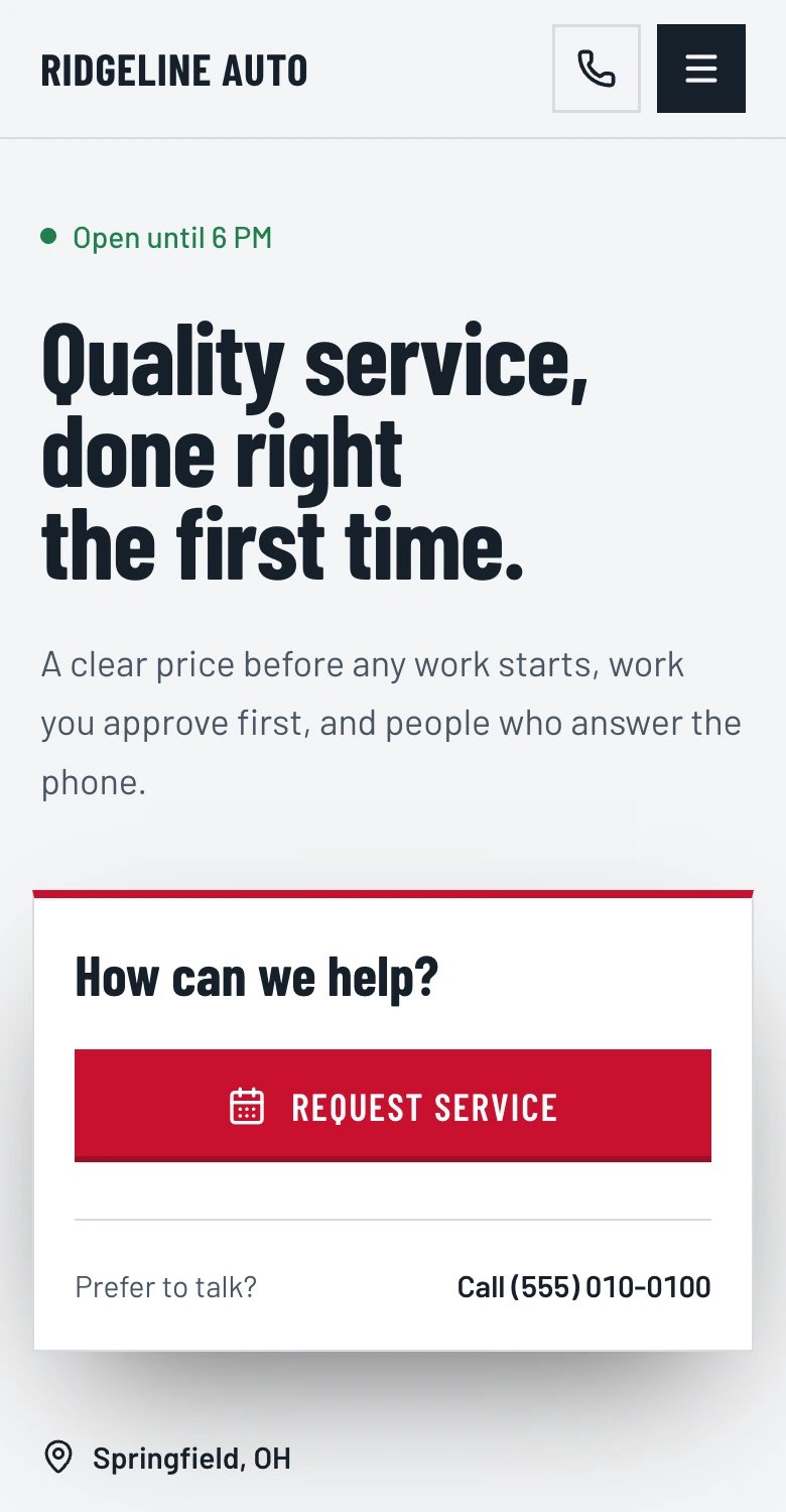 The published Ridgeline Auto home page on a phone, with the Request service button
