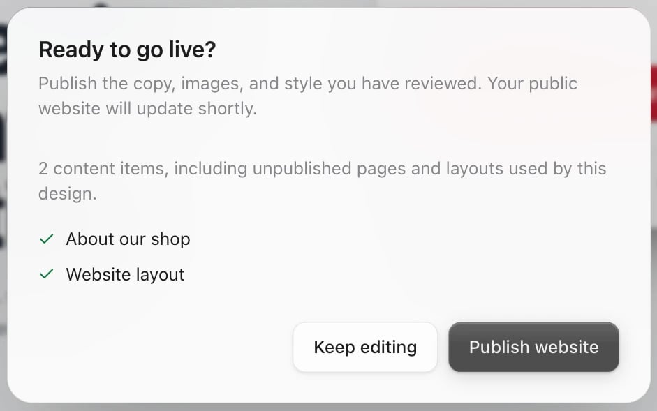 The Ready to go live? box listing two changes, About our shop and Website layout, with Keep editing and Publish website