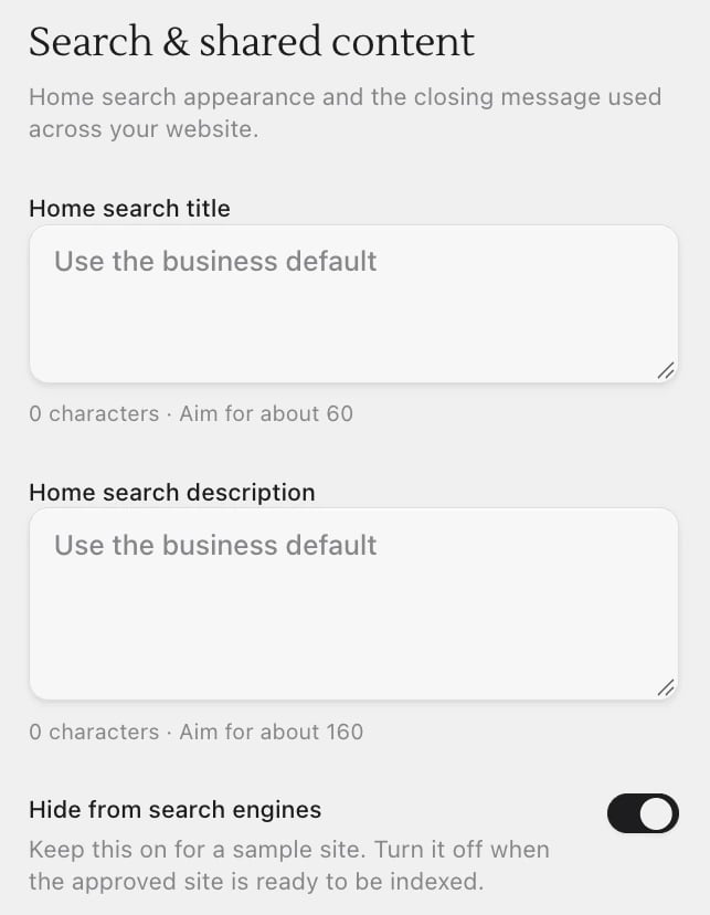 Search & shared content with Home search title, Home search description and the Hide from search engines switch turned on
