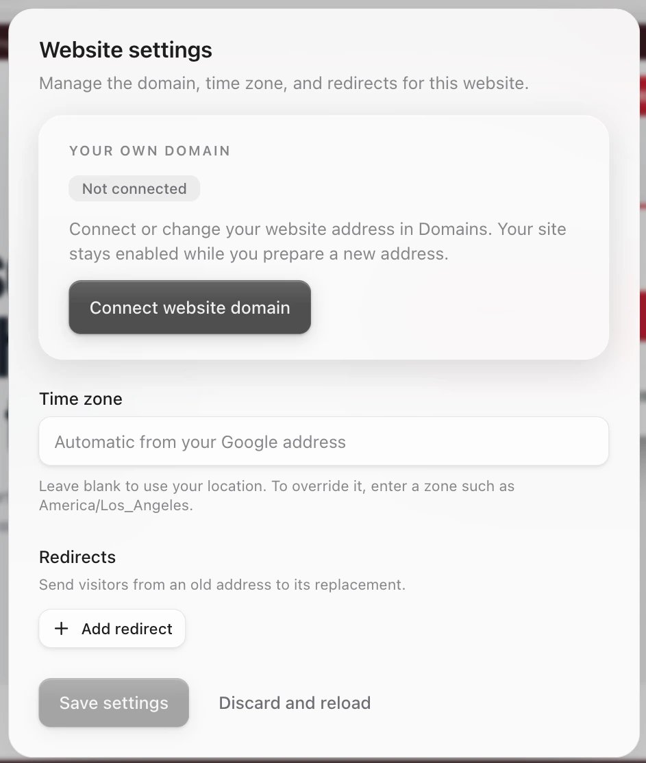 Website settings with Your own domain marked Not connected, the Connect website domain button, Time zone and Redirects