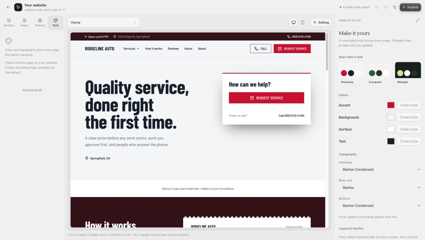 The Style tab: Make it yours with the Workshop, Evergreen and Midnight looks, four colors and three fonts