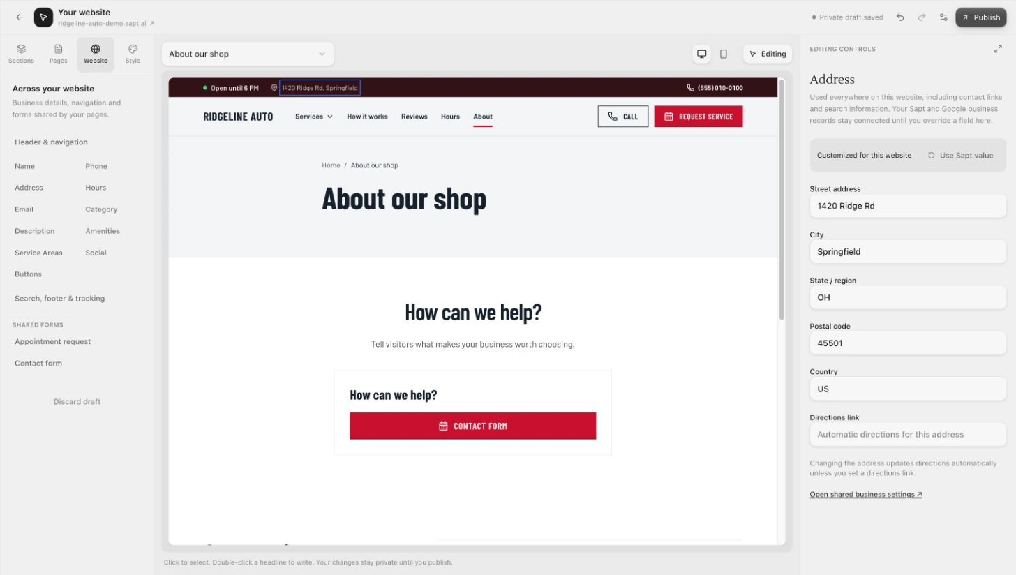 The Website tab listing header, business details, buttons and shared forms, with Address open on the right and its Use Sapt value button