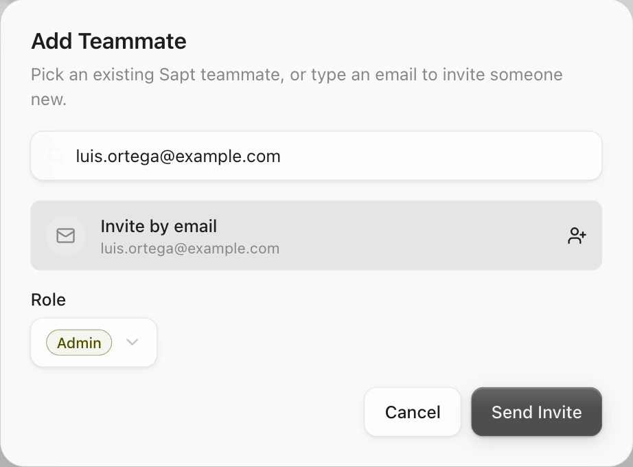 The Add Teammate window: an email typed in, Invite by email, Role set to Admin, and Send Invite