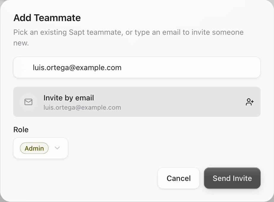 The Add Teammate window: an email typed in, Invite by email, Role set to Admin, and Send Invite