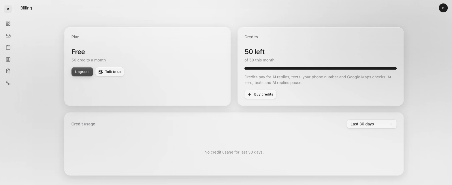 The Billing page on the Free plan: Plan with Upgrade and Talk to us, Credits with Buy credits, and Credit usage below