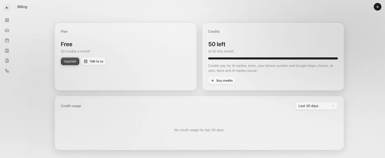 The Billing page on the Free plan: Plan with Upgrade and Talk to us, Credits with Buy credits, and Credit usage below