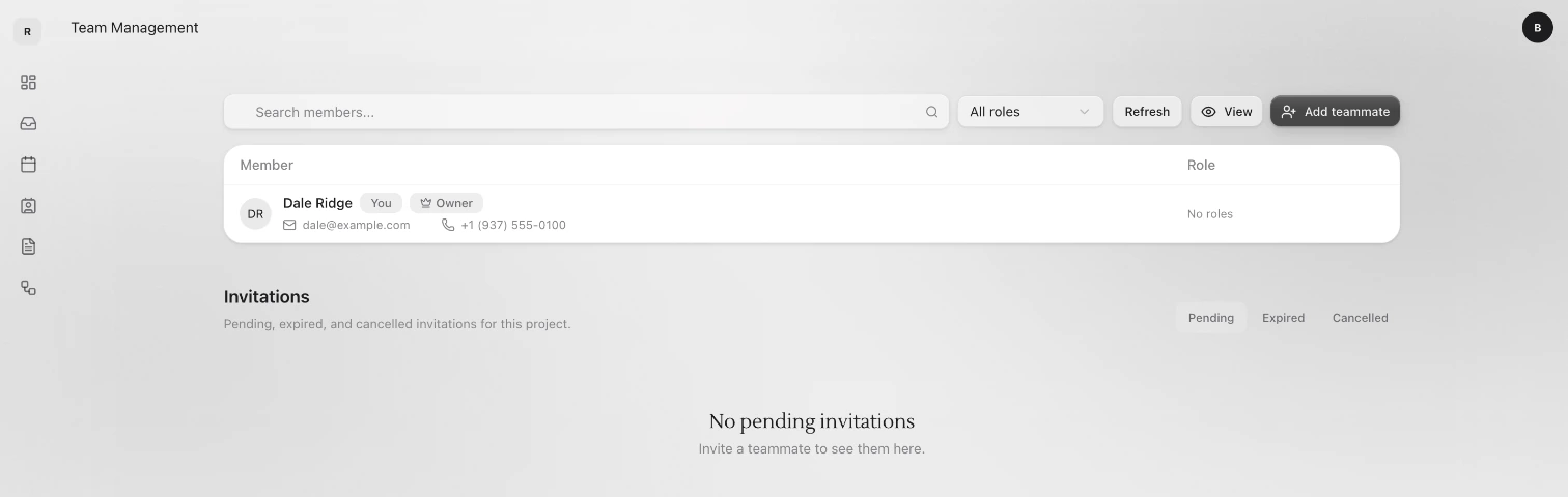 The Team page: the member list with Add teammate at the top right, and Invitations below