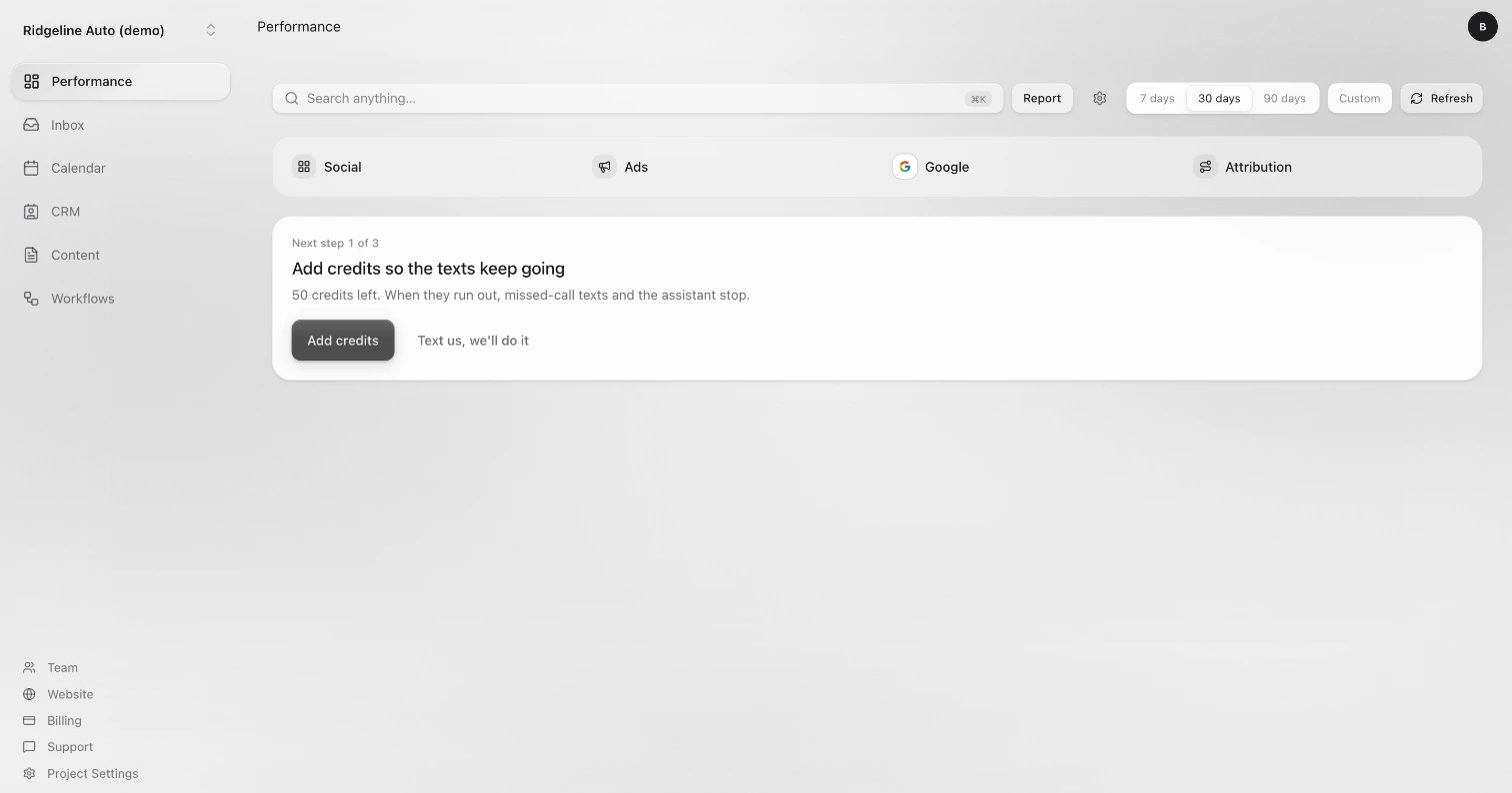 The Performance page, with Social, Ads, Google and Attribution across the top and the sidebar on the left