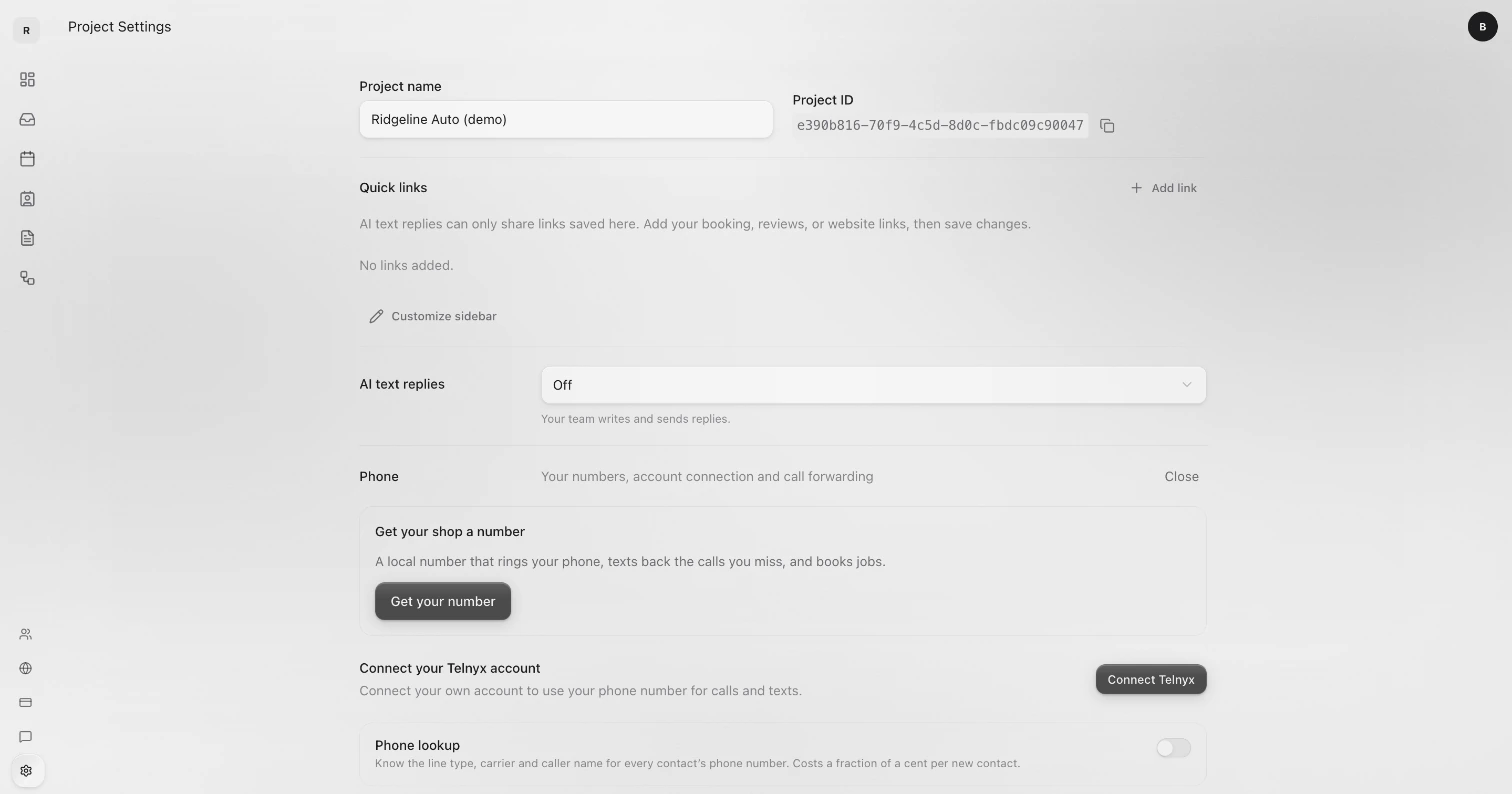 Project Settings with Phone open: Get your shop a number and the Get your number button