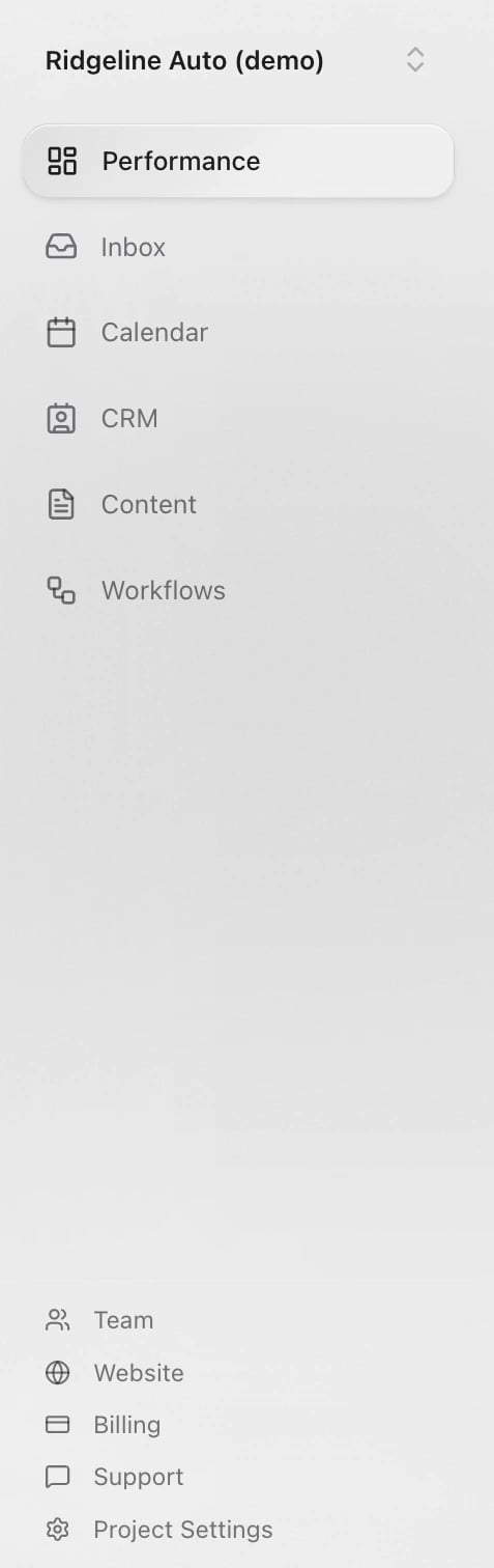 The sidebar: Performance, Inbox, Calendar, CRM, Content and Workflows, then Team, Website, Billing, Support and Project Settings