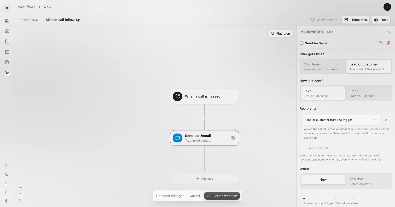 A workflow in the web builder: When a call is missed at the top, then a Send text/email step, open in the panel on the right