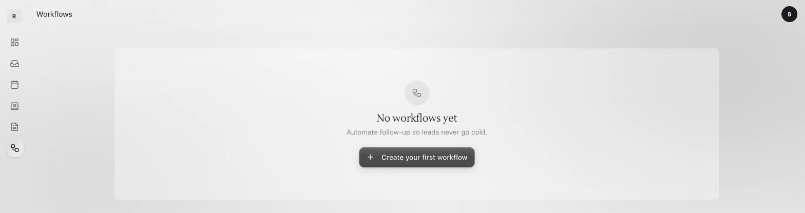 The Workflows page with no workflows yet: No workflows yet and Create your first workflow
