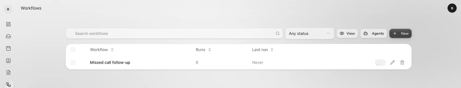 The Workflows list: search, Any status, Agents and New, and one workflow, Missed call follow-up, switched off