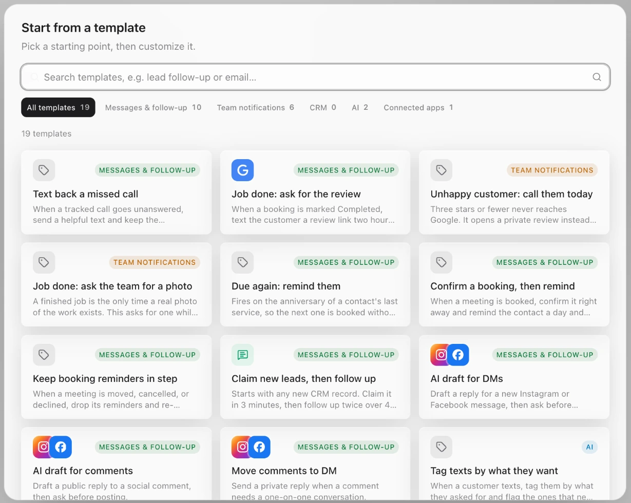 The Start from a template window: search, category chips with counts, and cards like Text back a missed call