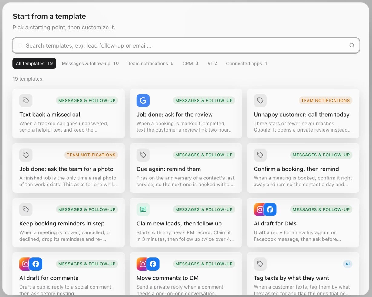 The Start from a template window: search, category chips with counts, and cards like Text back a missed call