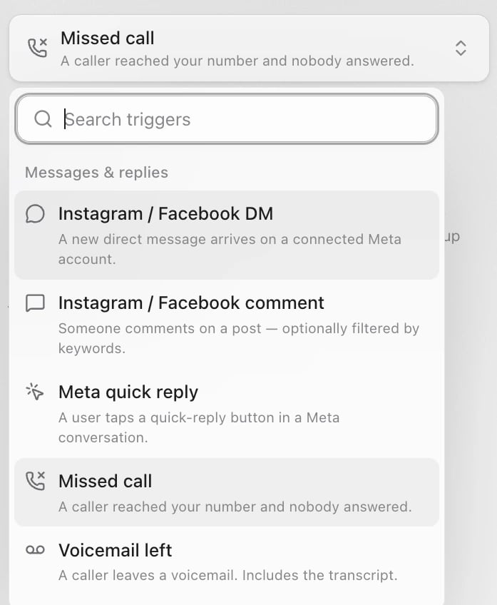 The trigger list open on Messages & replies, with Missed call picked and Search triggers at the top